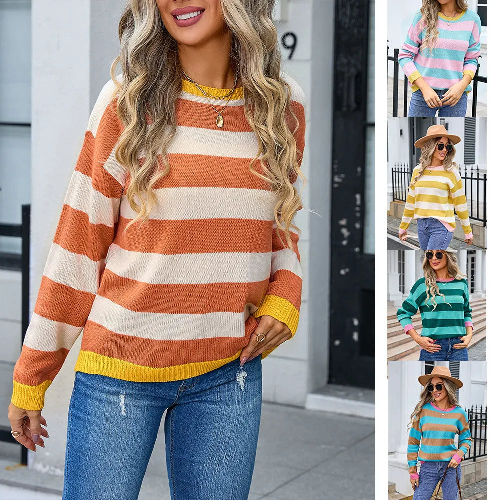 Women's loose-fitting floral patterned acrylic sweater in blue with round neck and long sleeves