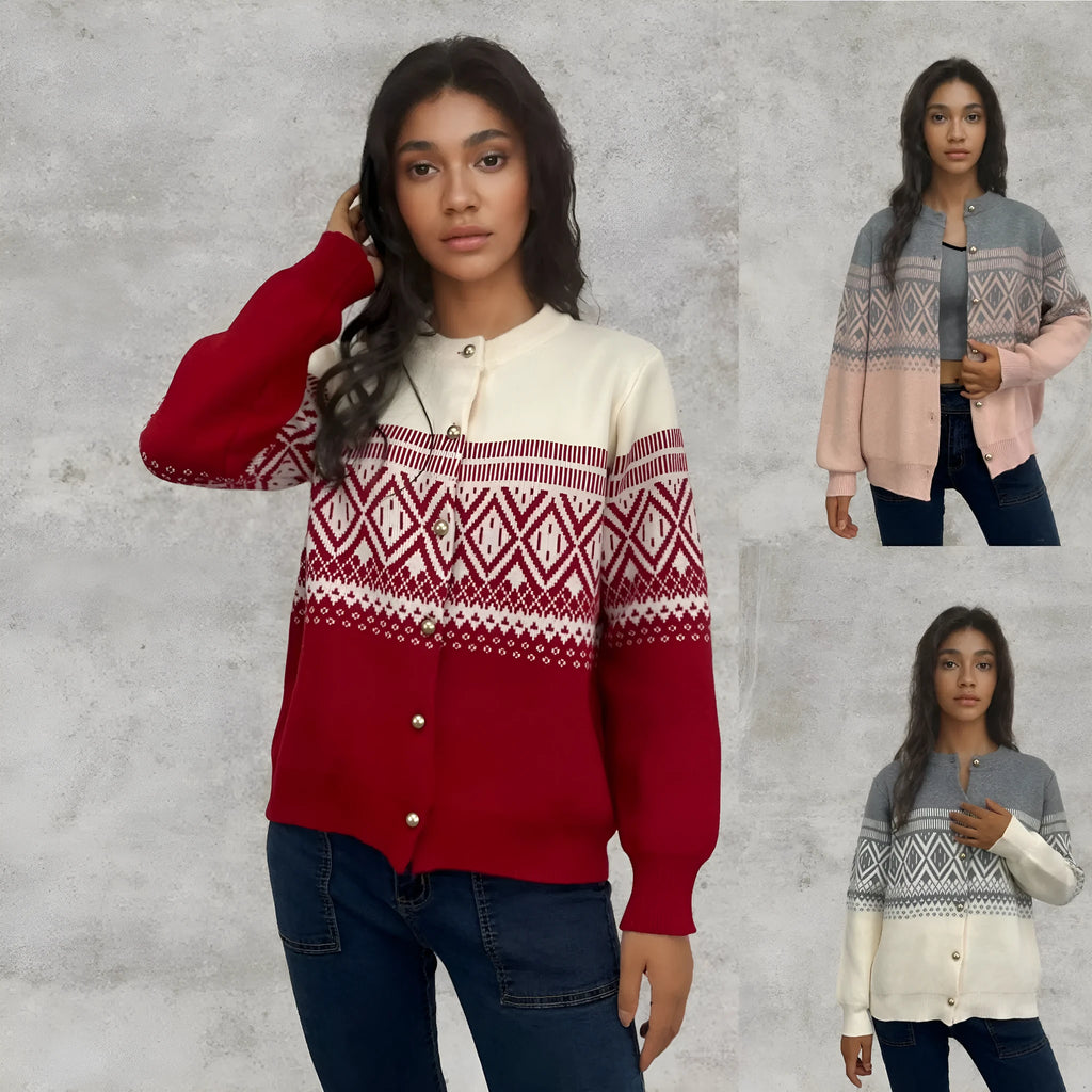 Women's grey alpaca wool cardigan with a red and white diamond knit pattern and long sleeves.