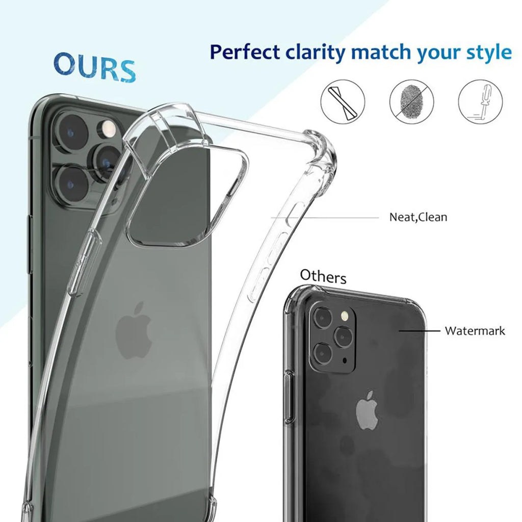 Transparent shockproof TPU phone case for Apple iPhone showing clear protective coverage