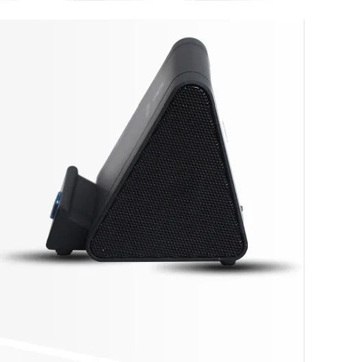Mobile phone stand speaker in black with phone resting on stand showing speaker grille