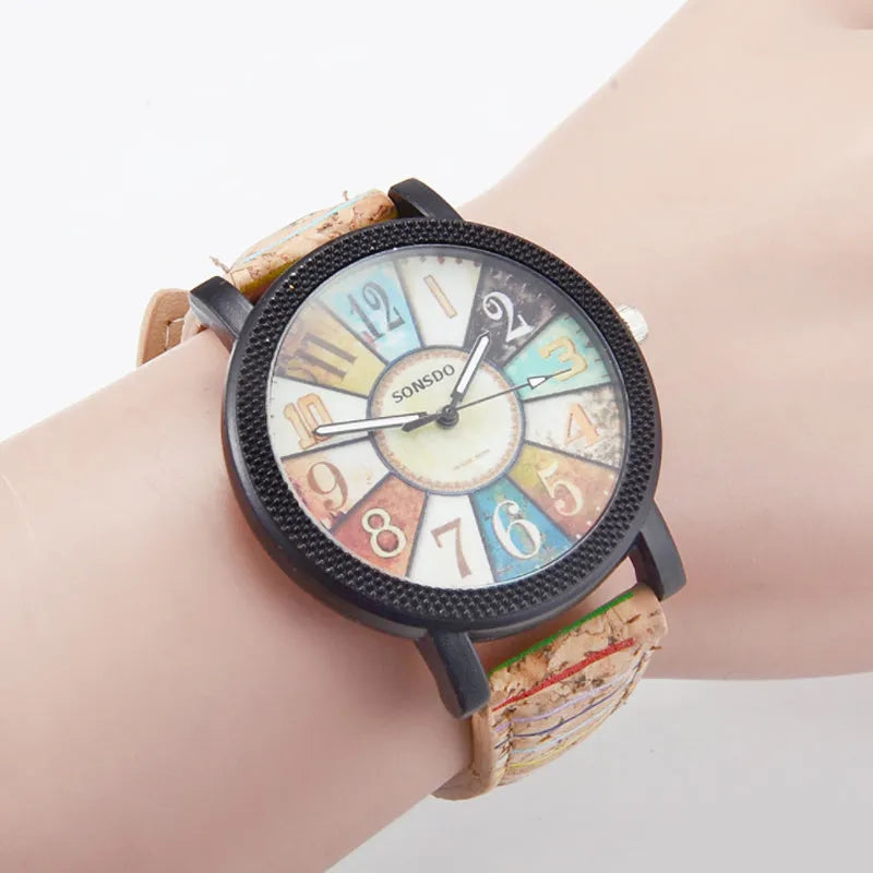 Women's vintage style quartz watch with brown leather strap and 37mm round dial