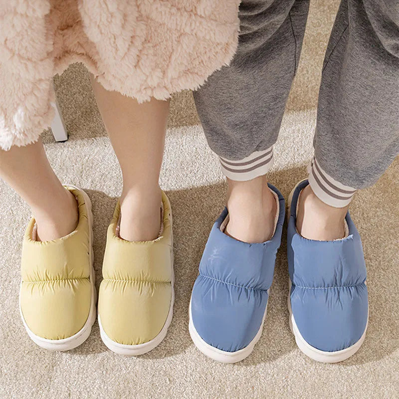 Down cotton slippers with artificial leather upper and thick rubber soles in multiple colour options