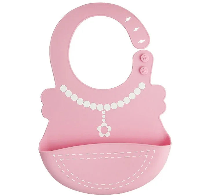 Waterproof silicone baby feeding bib with deep pocket in multiple colours, 28x21cm, on a white background