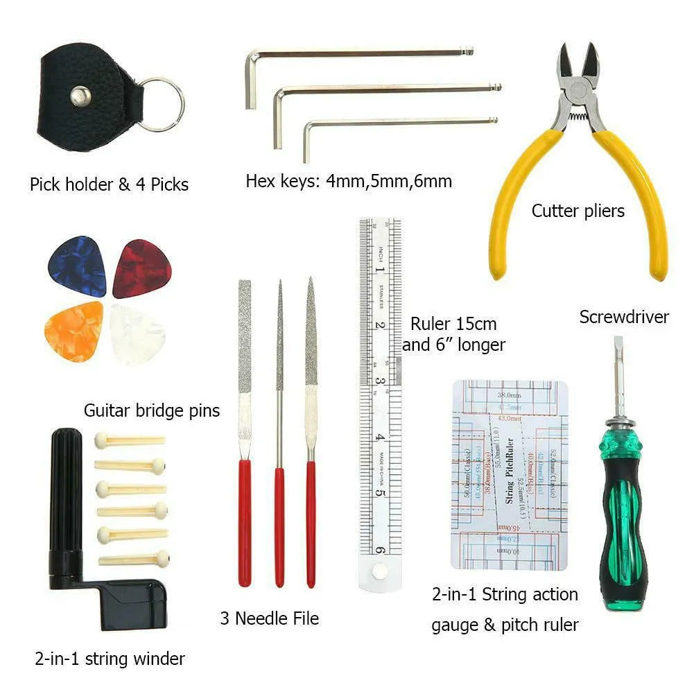 Black plastic and metal guitar repair tool kit for guitar, bass, mandolin, banjo maintenance.
