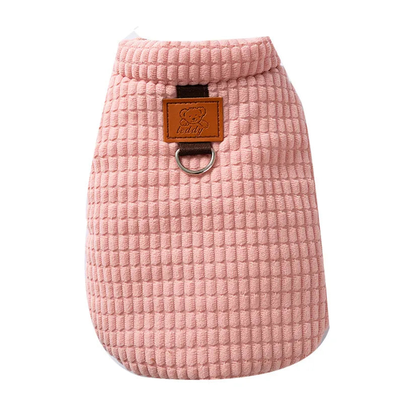 Pink checked corduroy dog vest with metal leash ring and bear tag for small medium dogs