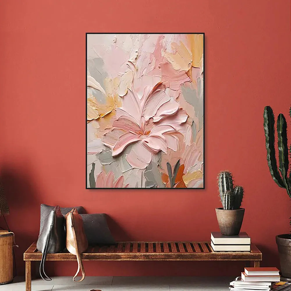 Handmade oil painting canvas wall art with thick 3D texture flowers modern abstract vertical shape multiple sizes