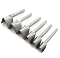 Set of six steel leather craft punch tools showing half-round and V shapes in sizes 15mm to 40mm.