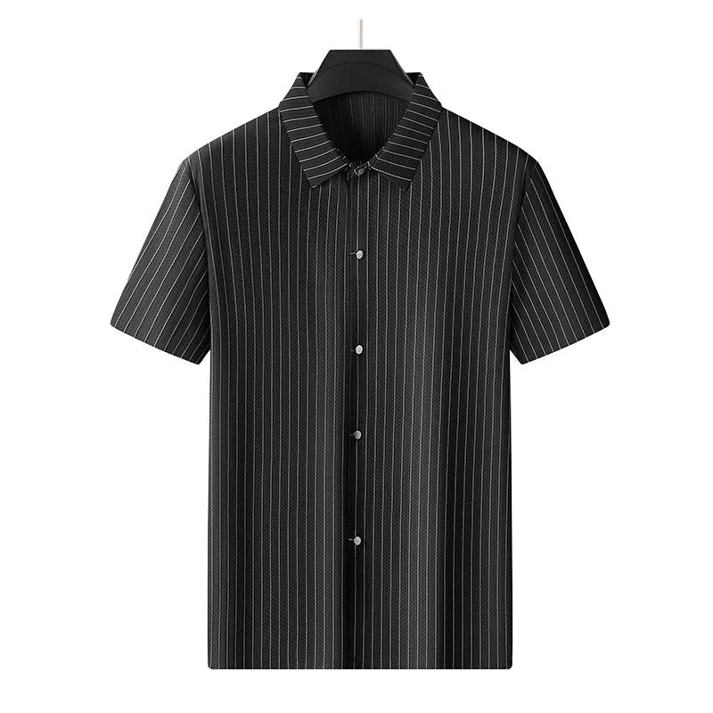 Plus size man wearing black striped casual shirt with square collar and loose fit design