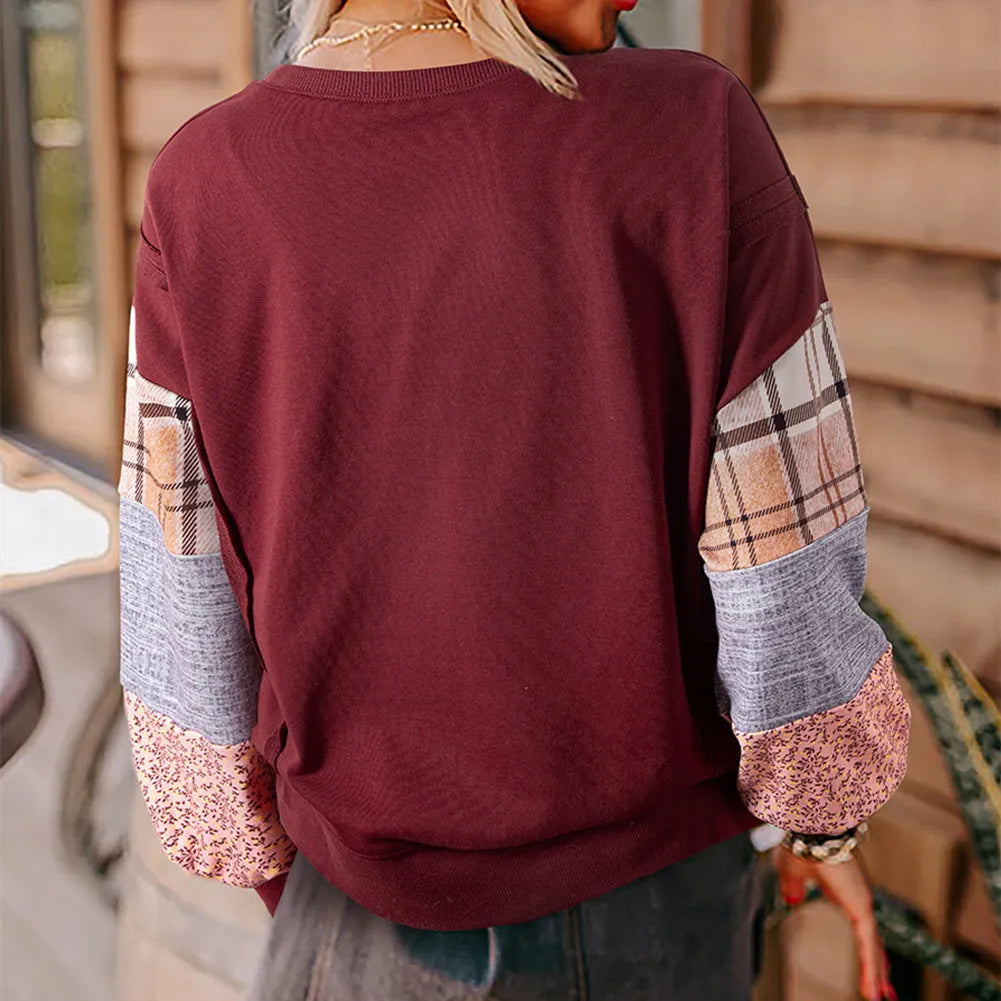Women's beige and red plaid long-sleeved top with loose casual fit