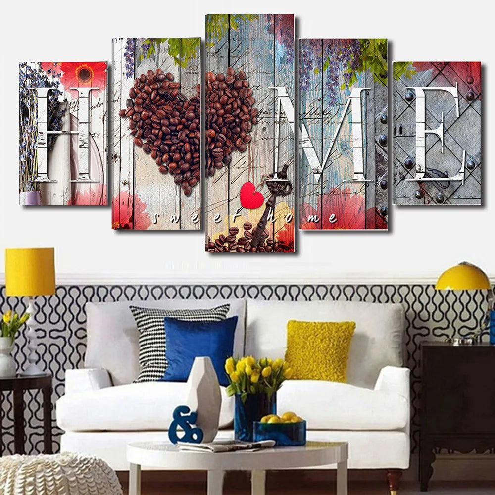 Set of five red oil painting canvases in different sizes for wall decoration