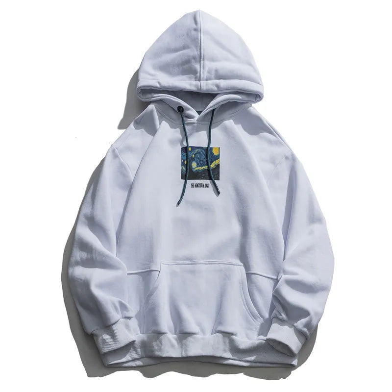 Purple men's long sleeve hooded sweatshirt made from 100% cotton with side slit pockets on display