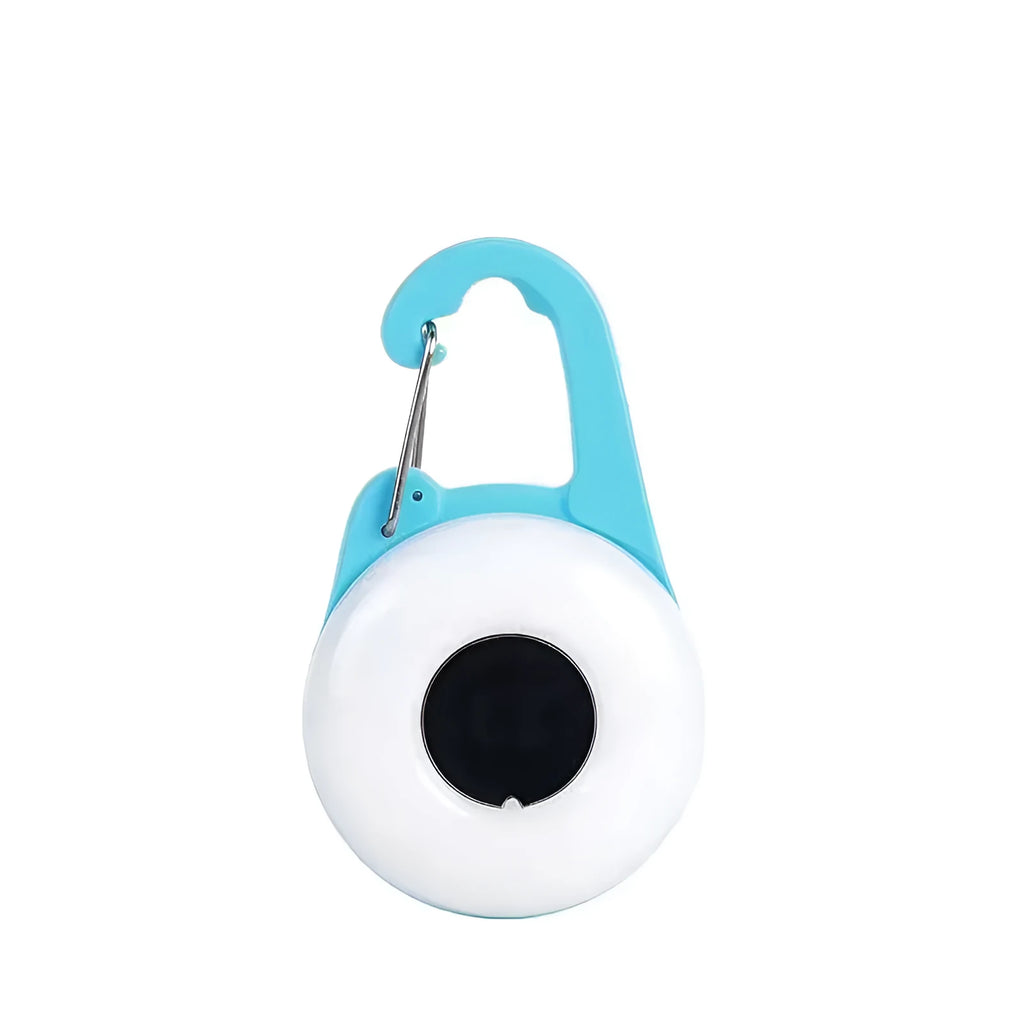 Blue rechargeable LED dog collar light with adjustable silicone strap showing four light mode buttons