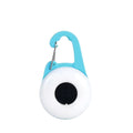 Blue rechargeable LED dog collar light with adjustable silicone strap showing four light mode buttons