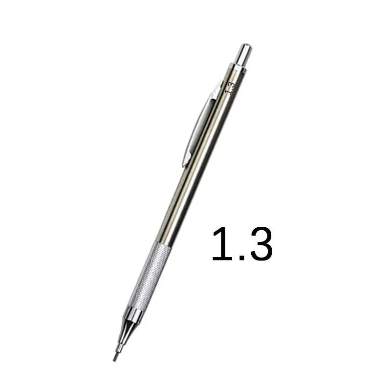 Metal automatic mechanical pencil with multiple lead size options including 0.5mm, 0.7mm, 0.9mm, 1.3mm, and 2.0mm
