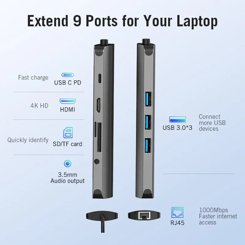 Deep grey USB-C to 8-in-1 hub with HDMI, USB ports, Ethernet, card slots, and a short cable on a desk.