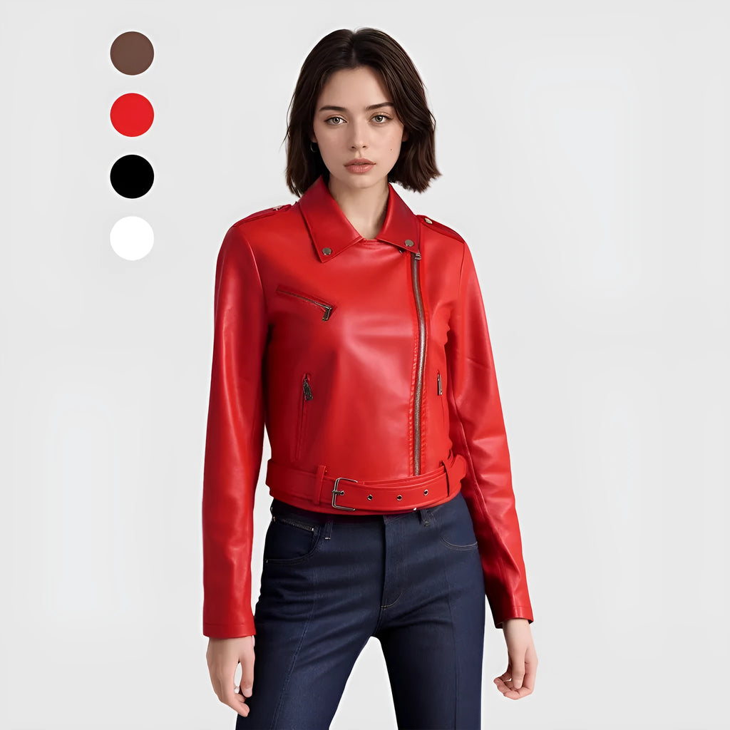 Women's black PU leather motorcycle jacket with lapel collar and short waist belt.