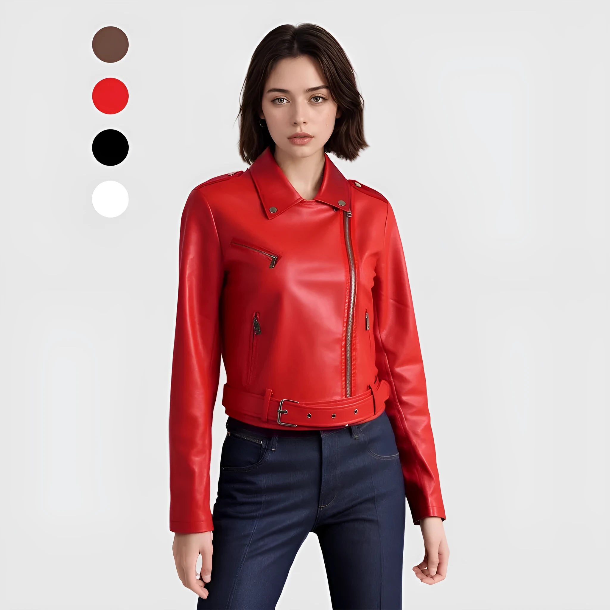 Women's black PU leather motorcycle jacket with lapel collar and short waist belt.
