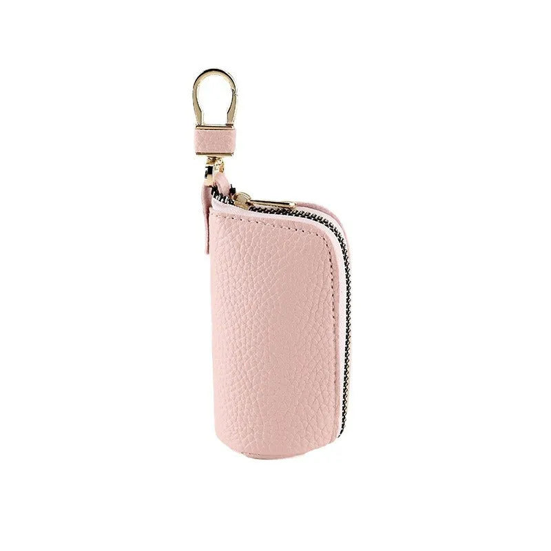 Men's black PU leather key case with silver zipper closure for car and house keys