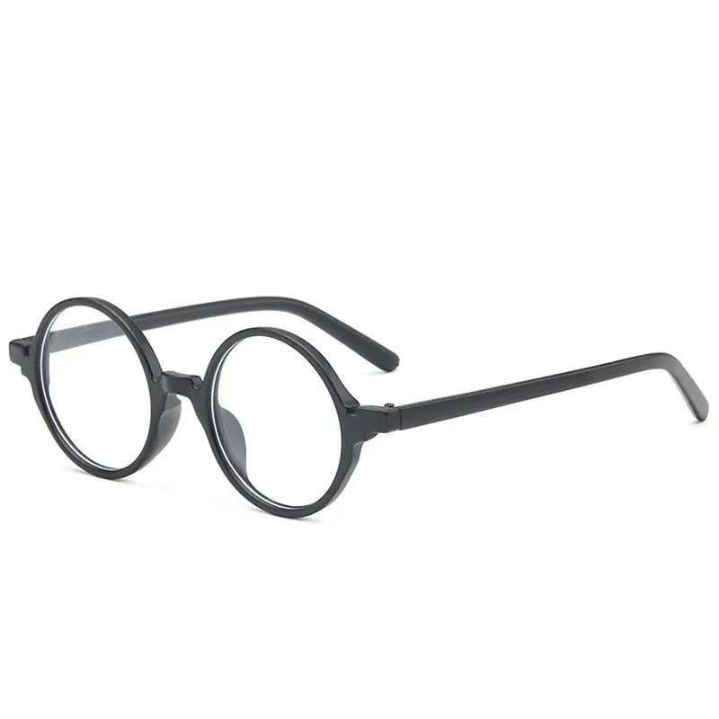 Retro round flat lens glasses in bright black, sand black, tofu pudding and transparent grey PC frames.