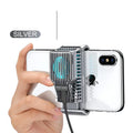 Black mobile phone cooling radiator with clip, shown next to a data cable on a white background.