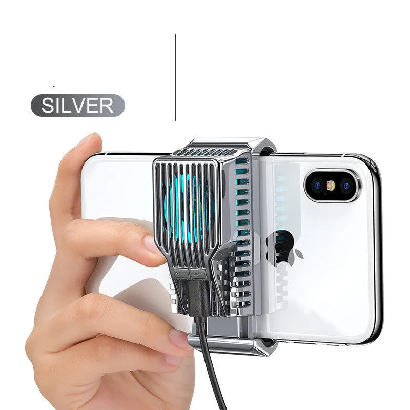 Black mobile phone cooling radiator with clip, shown next to a data cable on a white background.