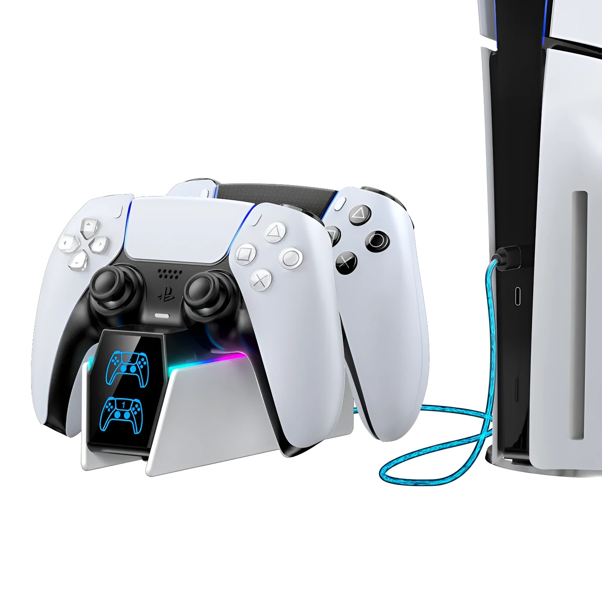 White PS5 wireless handle charger with RGB LED indicator and fixed dock, measuring 18.8 by 5.9 by 16.8 cm