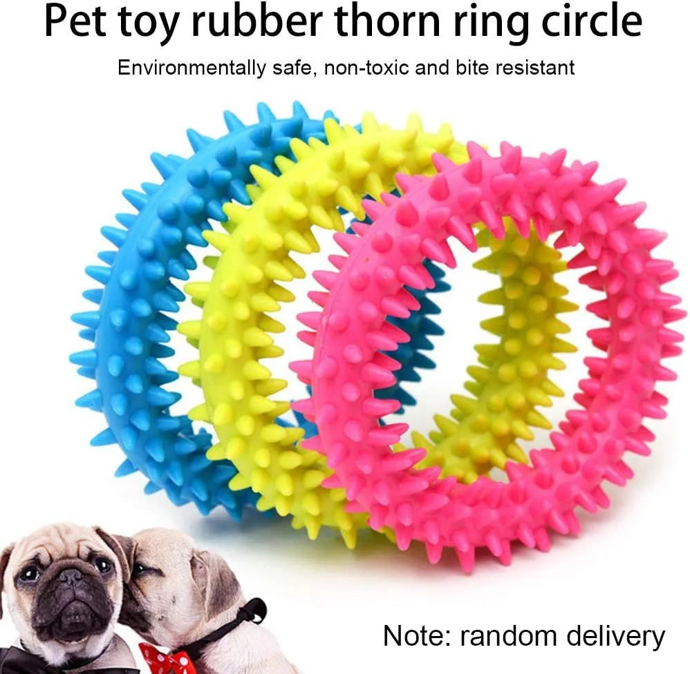 TPR spiky circle dog chew toy 9.5cm diameter in six colour options