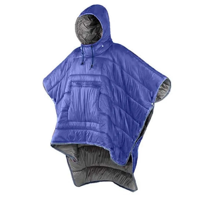 Adult outdoor cloak sleeping bag in Army Green or Gray, shown as wearable cape and laid flat as 200x140cm blanket