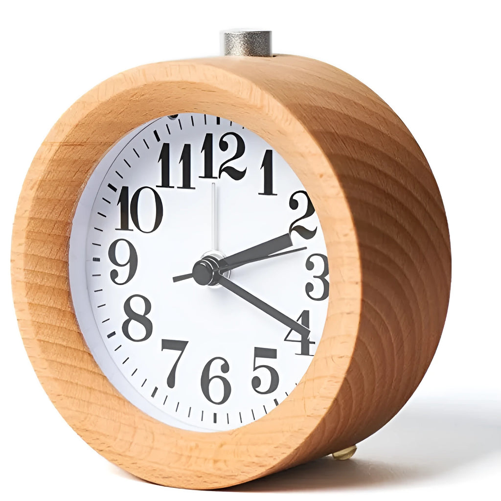 Solid beech wood silent alarm clock with 4-inch diameter display on wooden surface