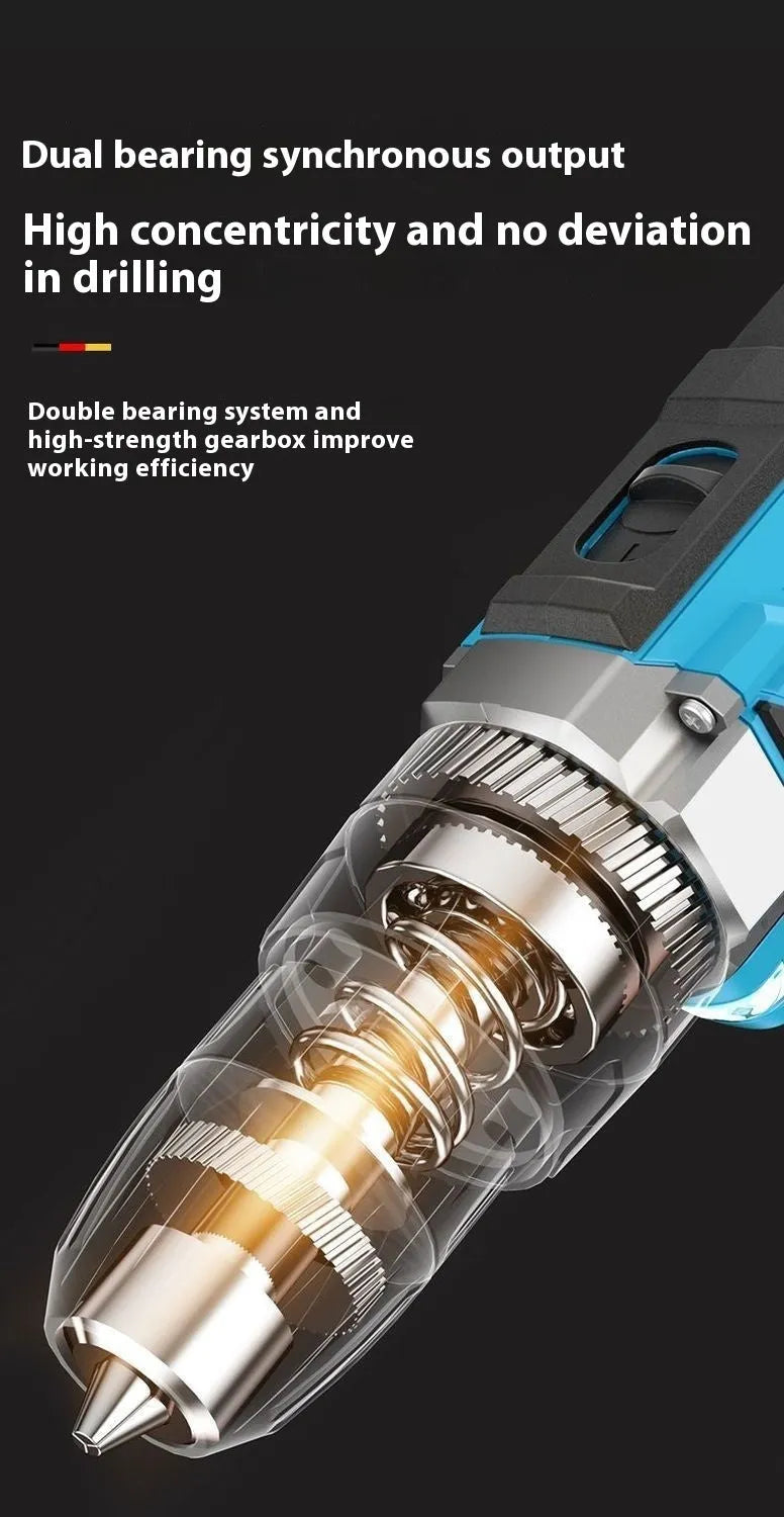 Cordless impact driver drill with pistol grip, LED light and plastic storage case containing drill and screwdriver bits