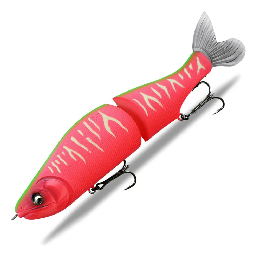 185mm plastic bass fishing bait showing swimming action in one of 15 available colours