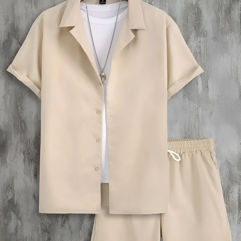 Men's white short sleeve Cuban collar sport shirt and matching shorts set on a hanger