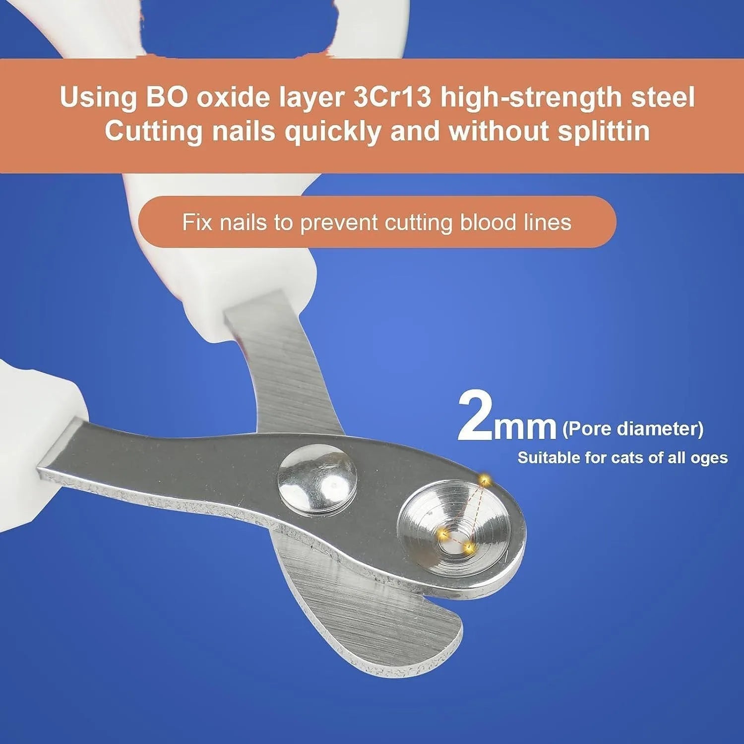 Blue professional cat nail clippers with a circular safety hole and cushioned non-slip handles.