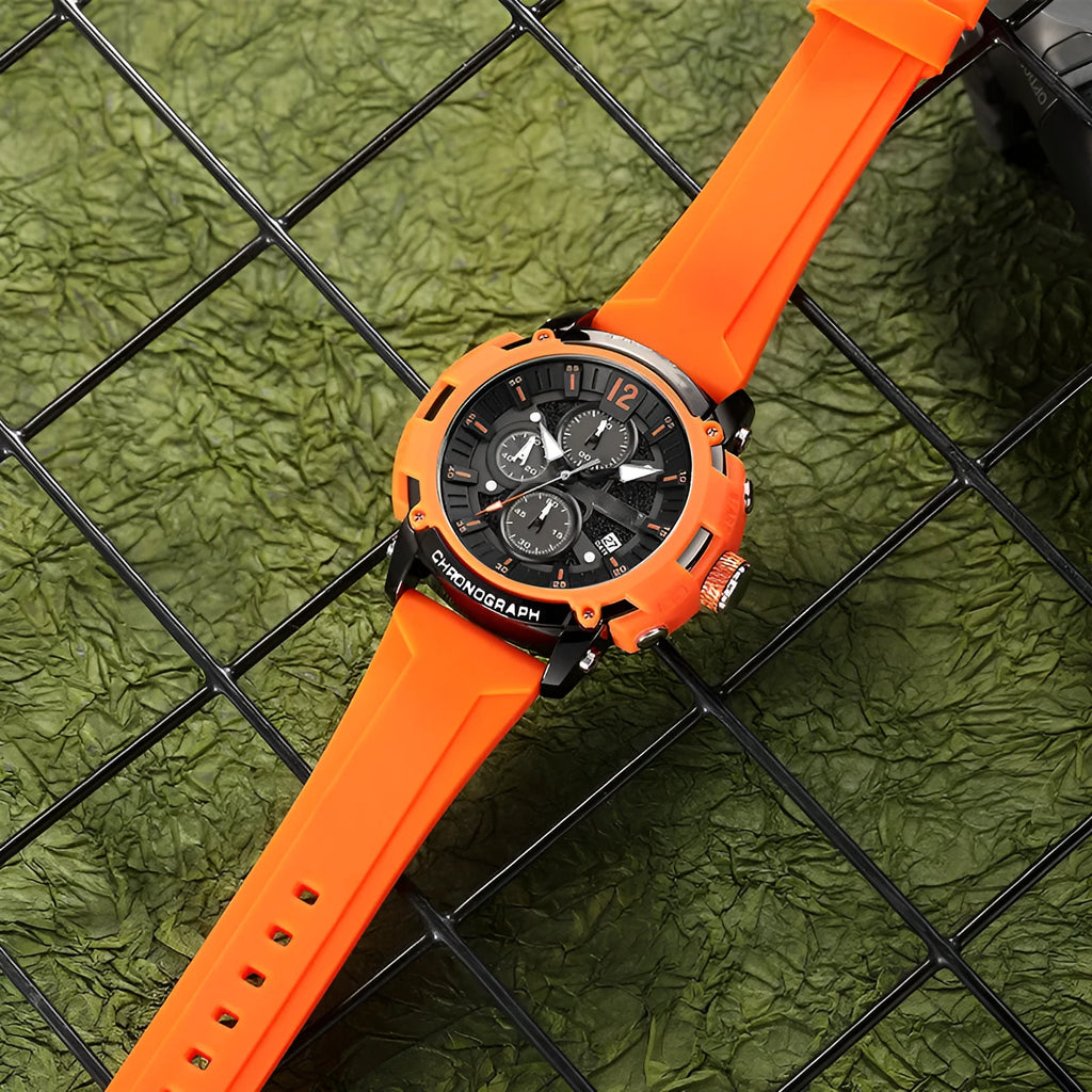 Men's black multi-function digital watch with luminous display showing time and calendar
