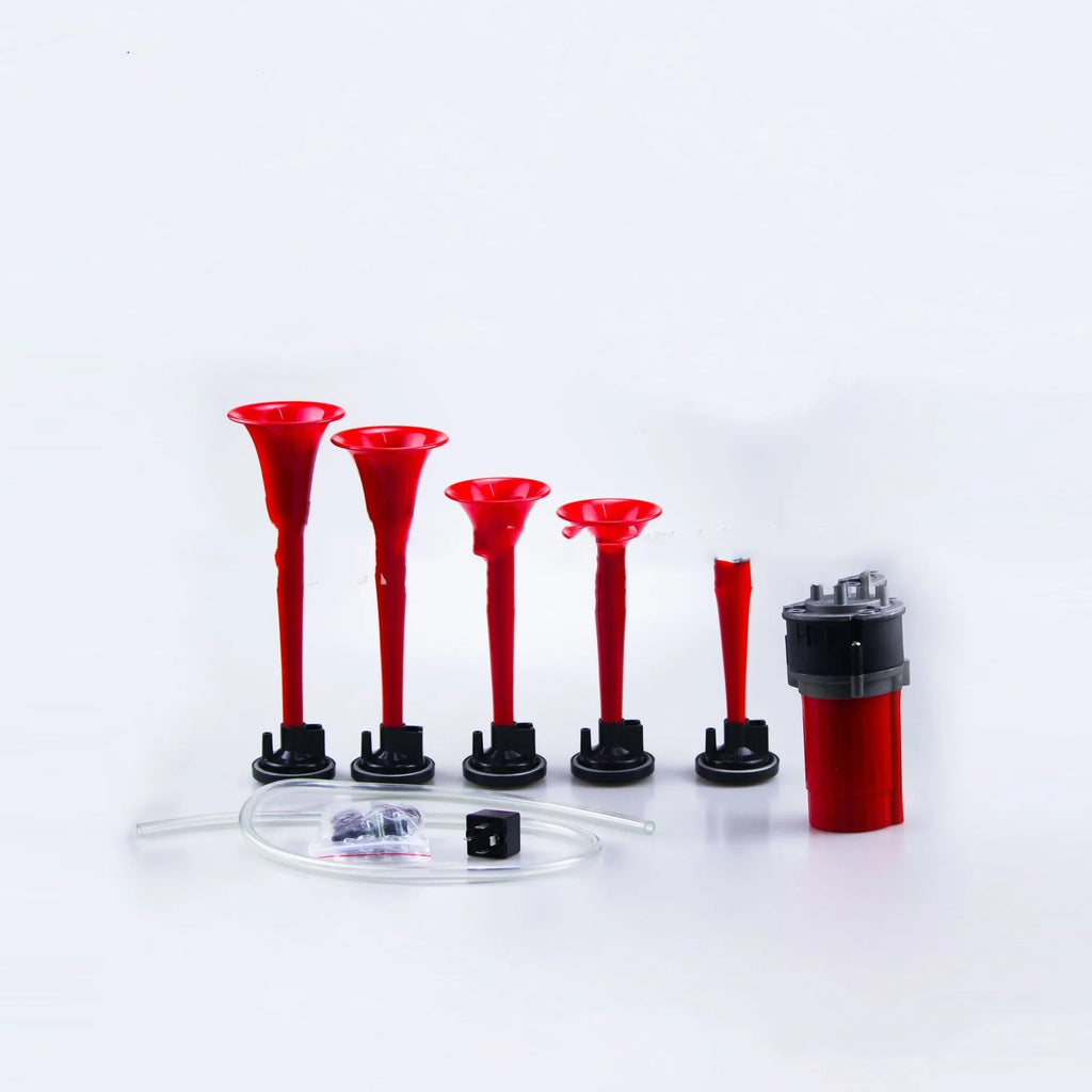 TZ-329 5-tube electric air horn for 12V vehicles, available in red, black, and white colours