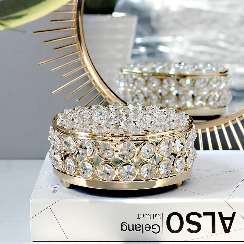 French gold European style jewellery storage box with transparent crystal glass panels and iron metal construction