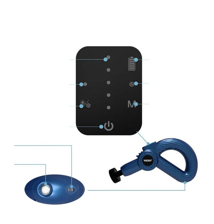 Black smart muscle massage gun with adjustable handle and five different massage heads on a table.