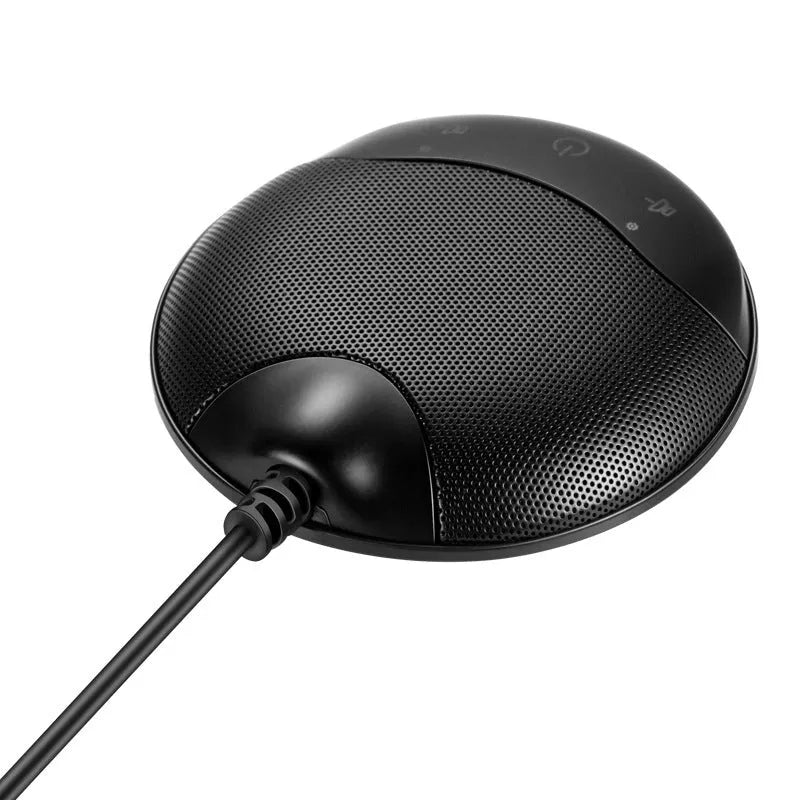 Black USB condenser microphone for conference calls and gaming with compact 9x9cm design