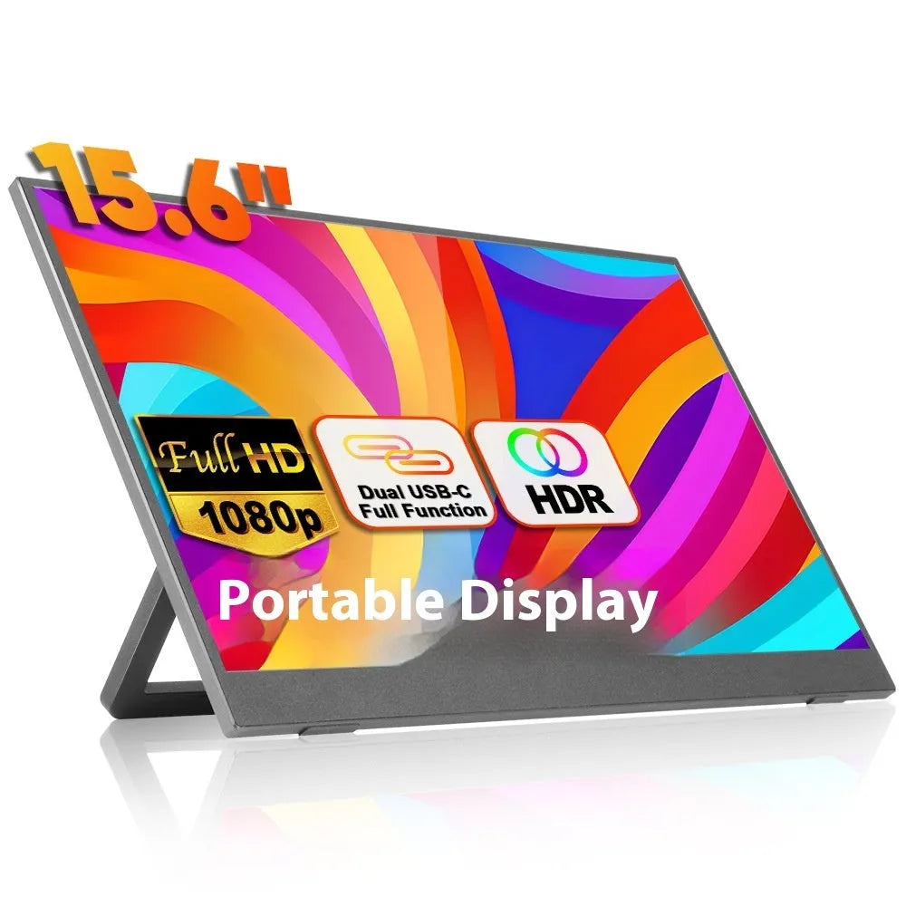 Black 15.6-inch portable computer monitor with adjustable stand on office desk