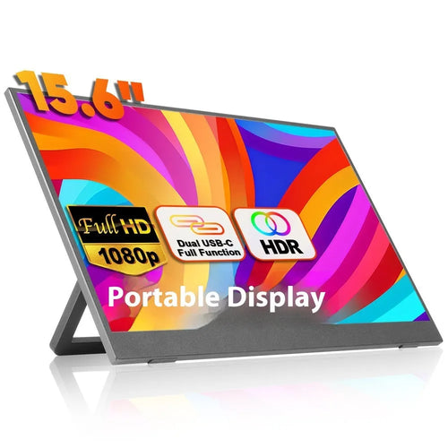Black 15.6-inch portable computer monitor with adjustable stand on office desk