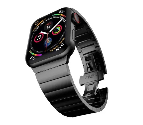 Apple Watch metal replacement strap with butterfly buckle in silver, black, blue, gold, and rose gold colours