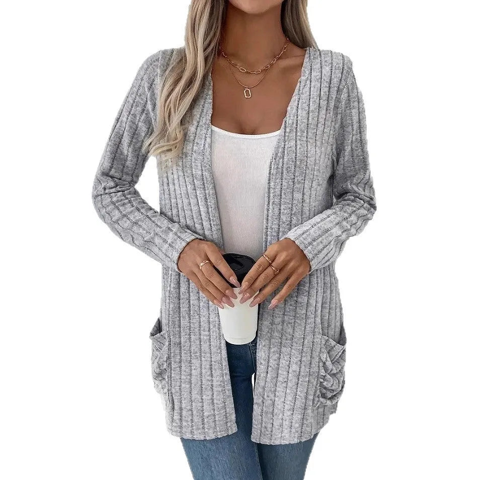 Loose fit long sleeve cardigan in solid black or granny grey colour shown on model