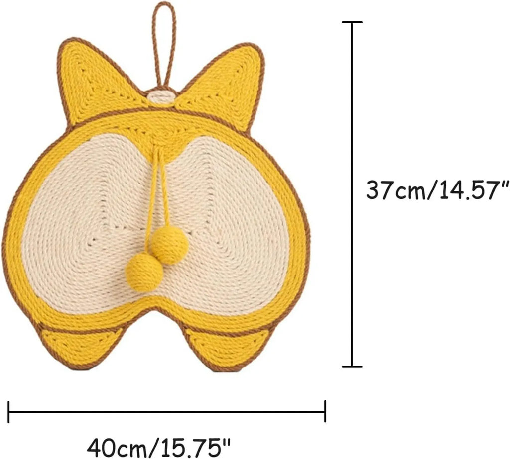Yellow cat scratching board with corgi butt design, made from sisal with anti-slip base