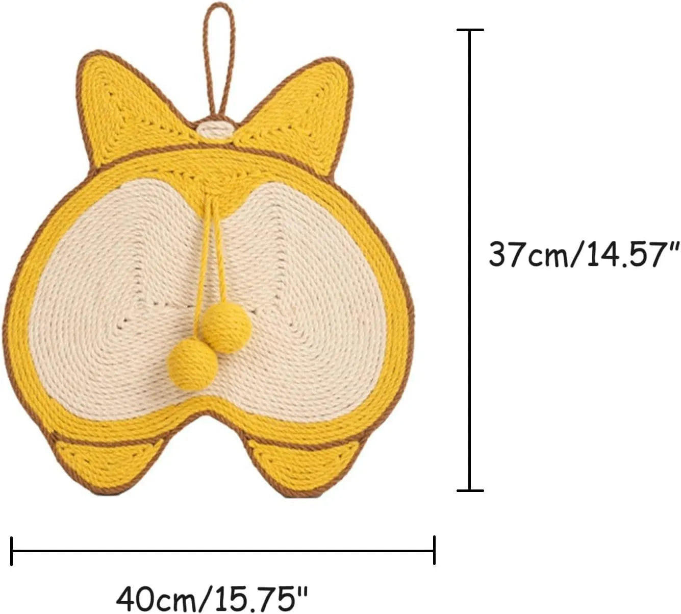 Yellow cat scratching board with corgi butt design, made from sisal with anti-slip base