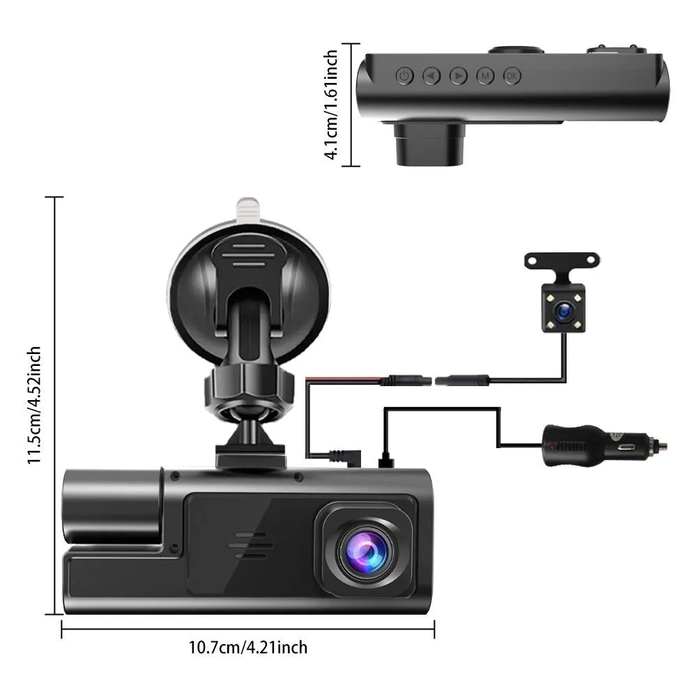 WiFi car dash cam with front and rear cameras showing on 2.0 inch screen with data cable for mobile phone connection