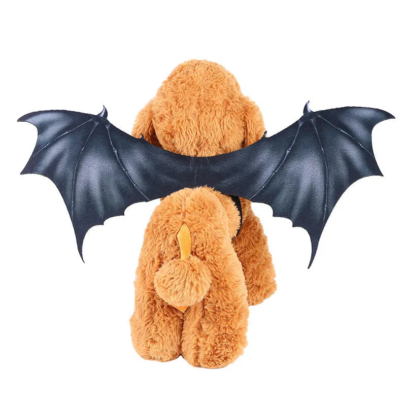 Black cloth bat wings pet costume shown on dog with three size options displayed