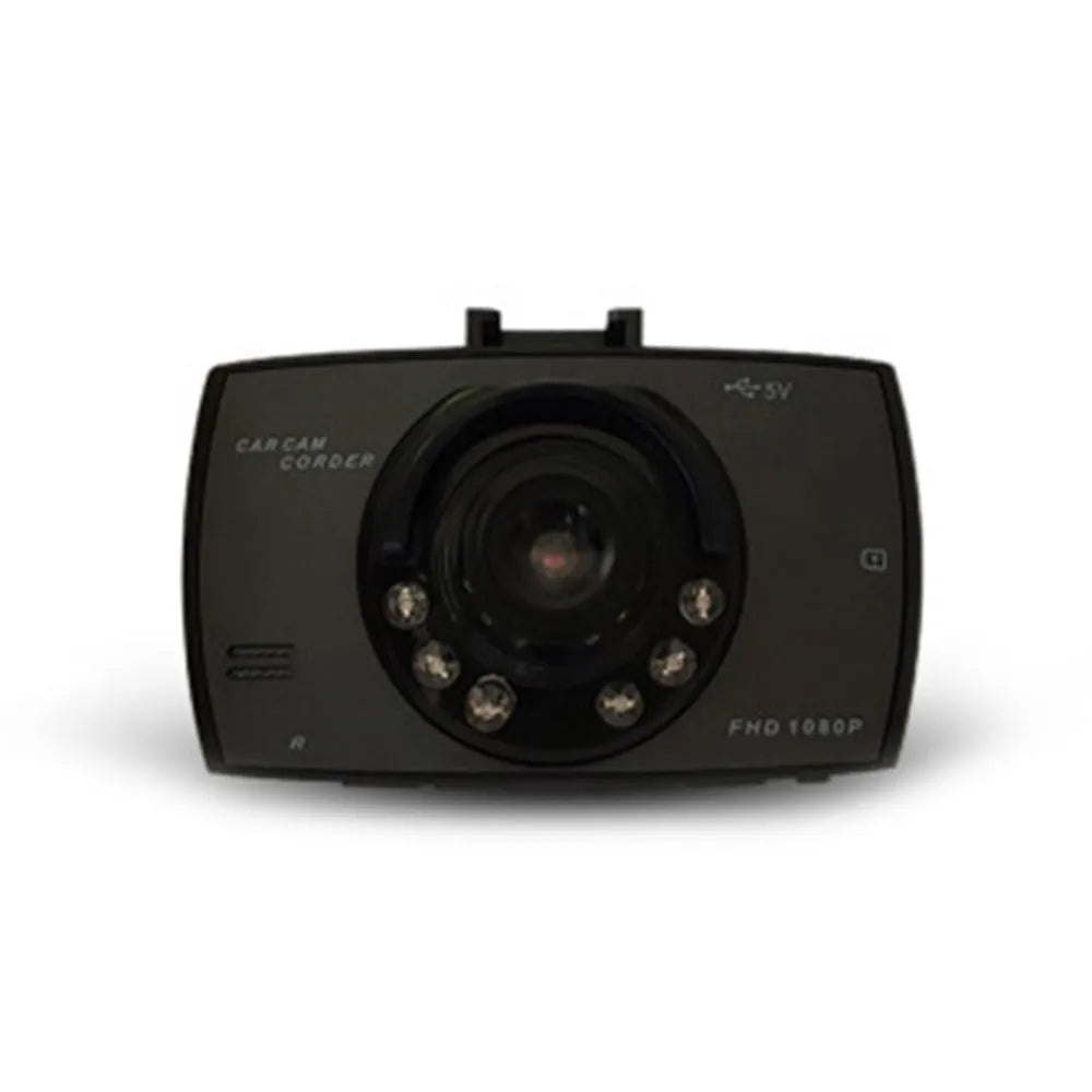 Compact black 1080P night vision dash camera with wide-angle lens mounted on car windscreen