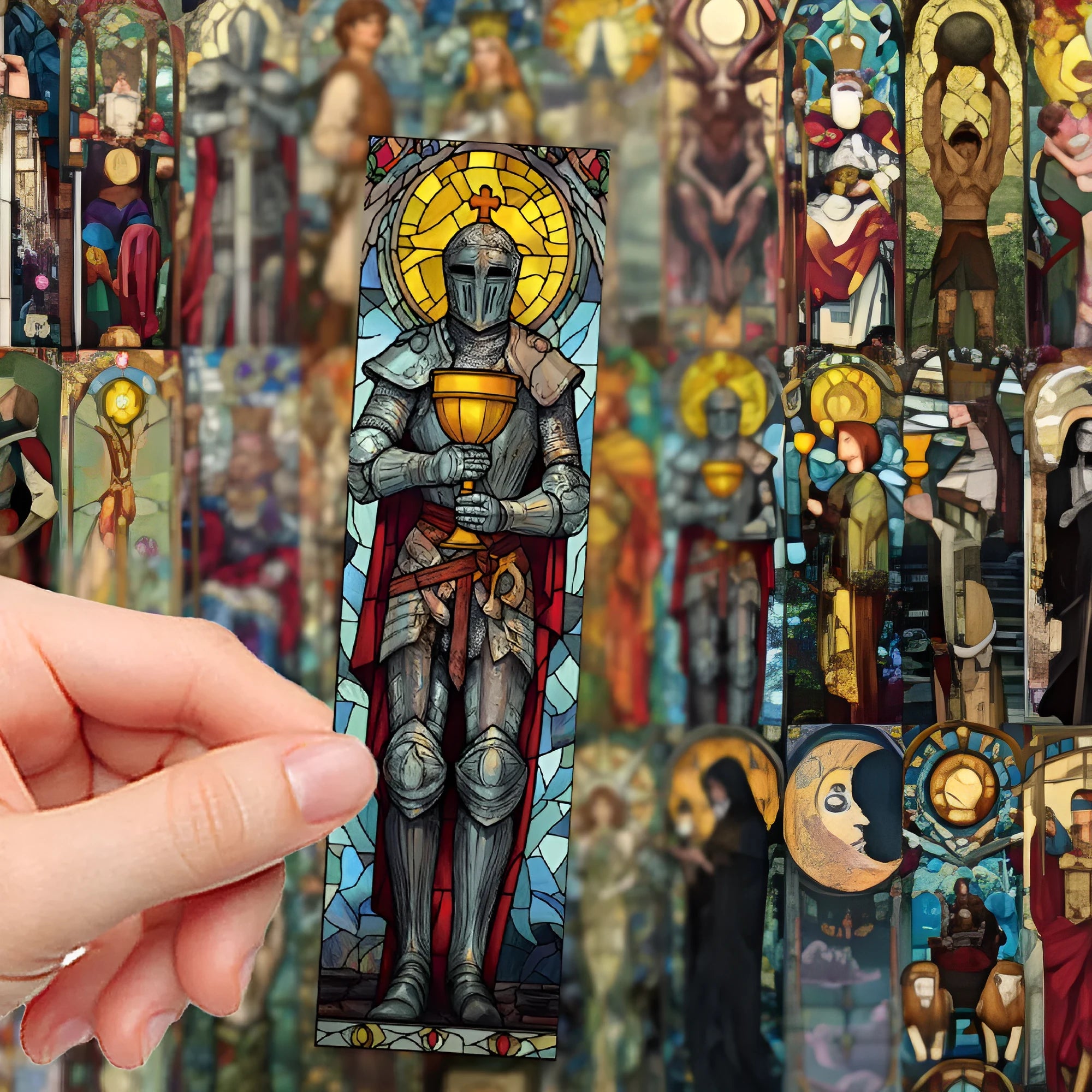 Set of 30 painted glass tarot themed cute style paper bookmarks laid out on a surface