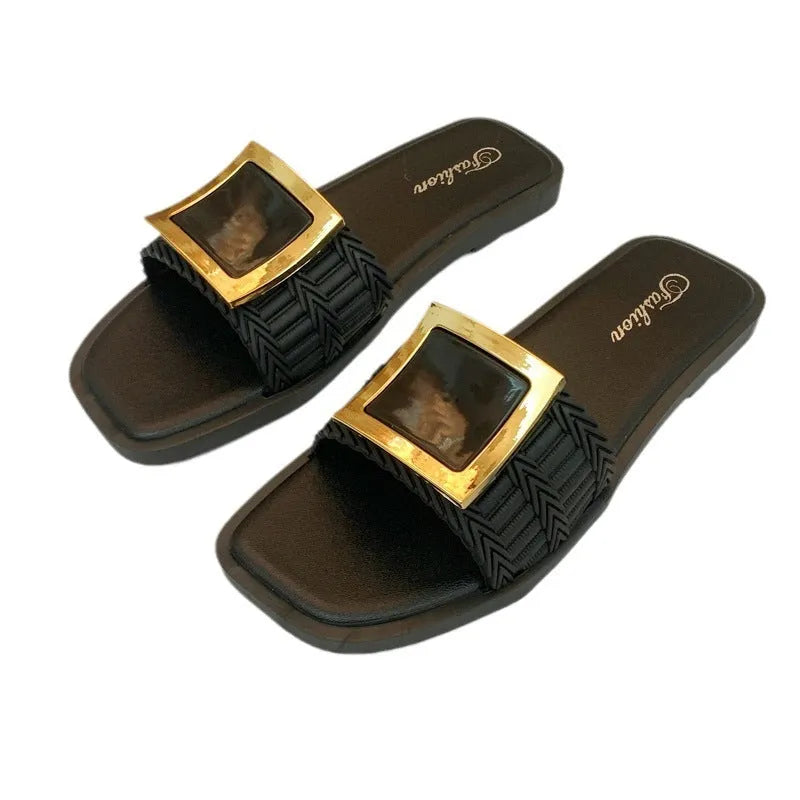 Women's casual summer flat slippers in apricot, black, or khaki with a non-slip PVC sole.