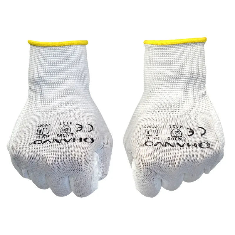 White PU-coated labour work gloves showing flexible coating and wrist coverage